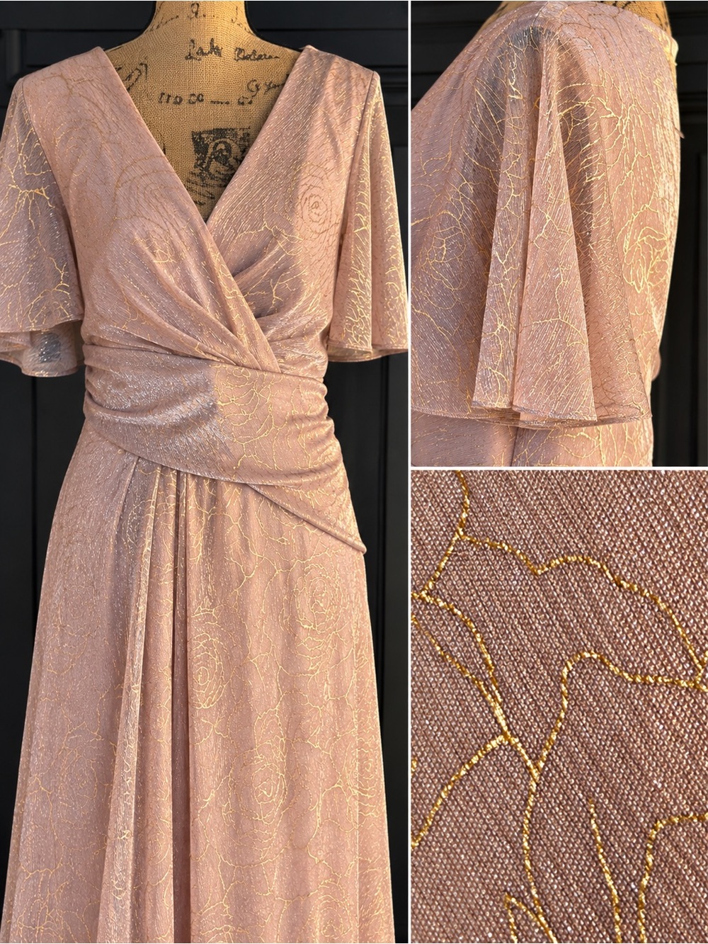 Adrianna Papell 16W Rose Gold Metallic Mesh Draped Formal Maxi Wedding MOB Gown